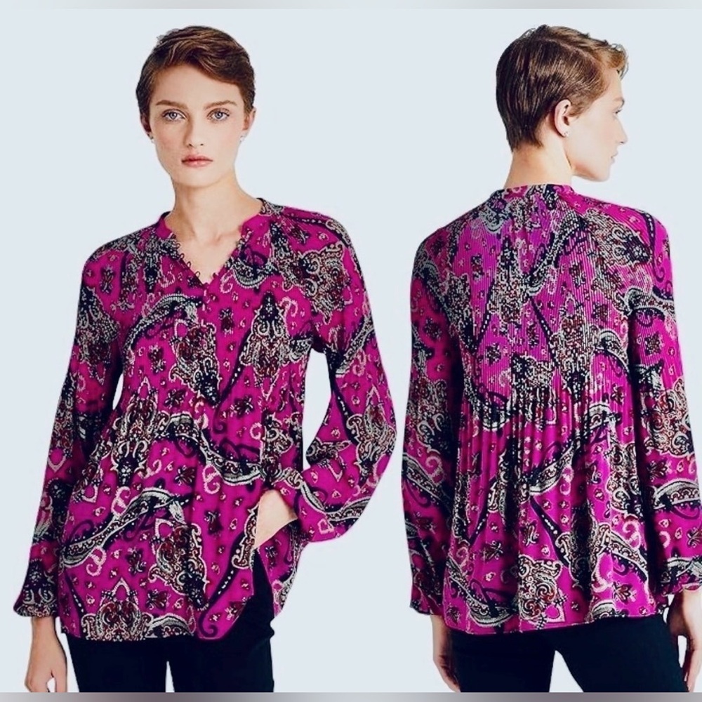 Ralph Lauren Paisley Pleated Georgette Blouse Bright Fuchsia Multi Size M NWOT